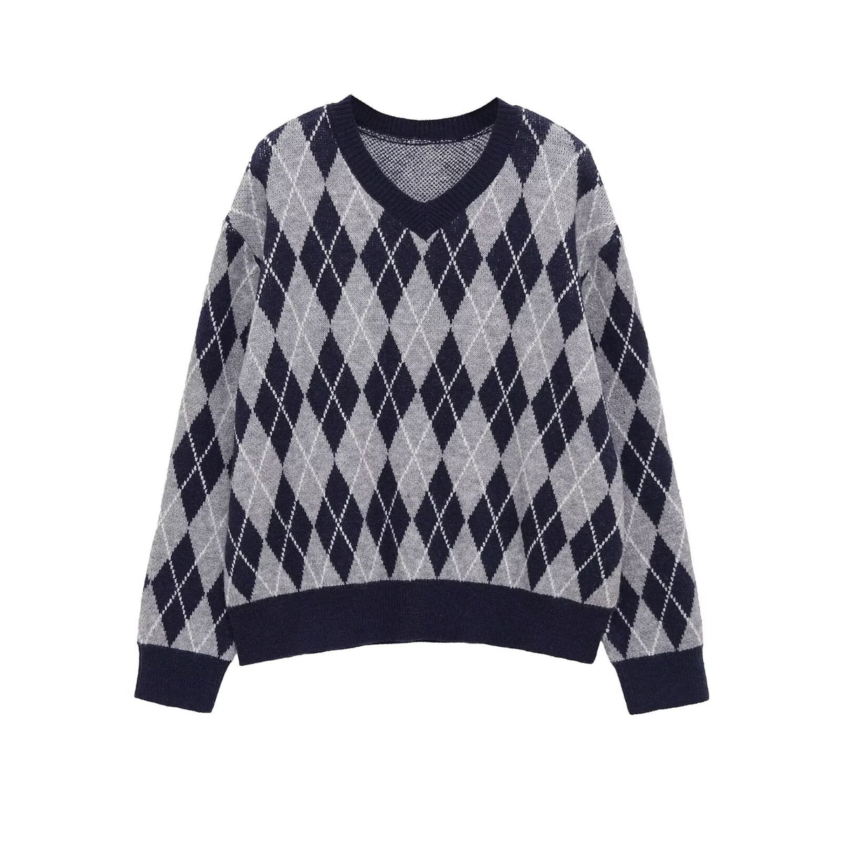 Women's Argyle V-Neck Knitted Sweater with Diamond Pattern Fashion Glam