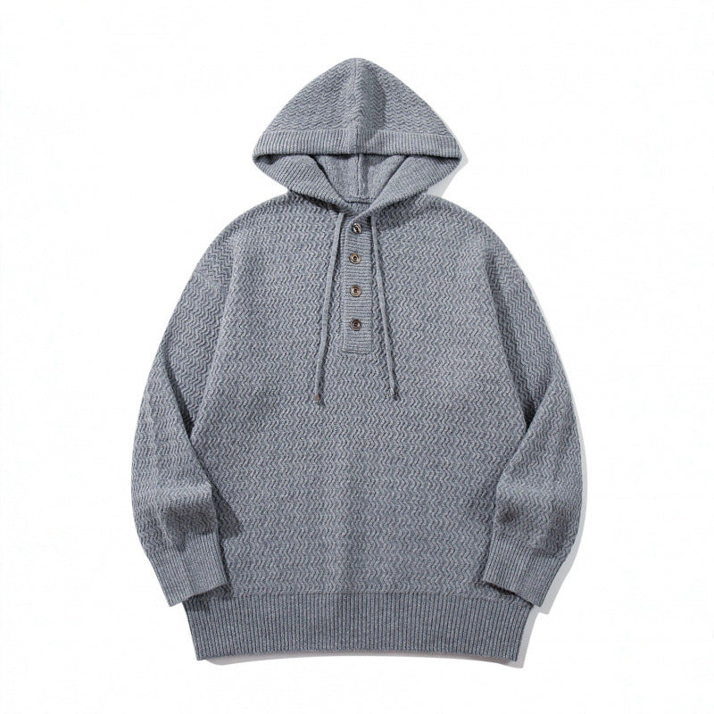Unisex structured knit hoodie with half placket and drawstring hood Fashion Glam