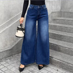 Women High-Waist Denim Palazzo Pants with Flowing A-Line and Wide Leg Fashion Glam