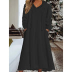 Ladies maxi dress made of teddy fleece with hood, V-neck and side pockets Fashion Glam