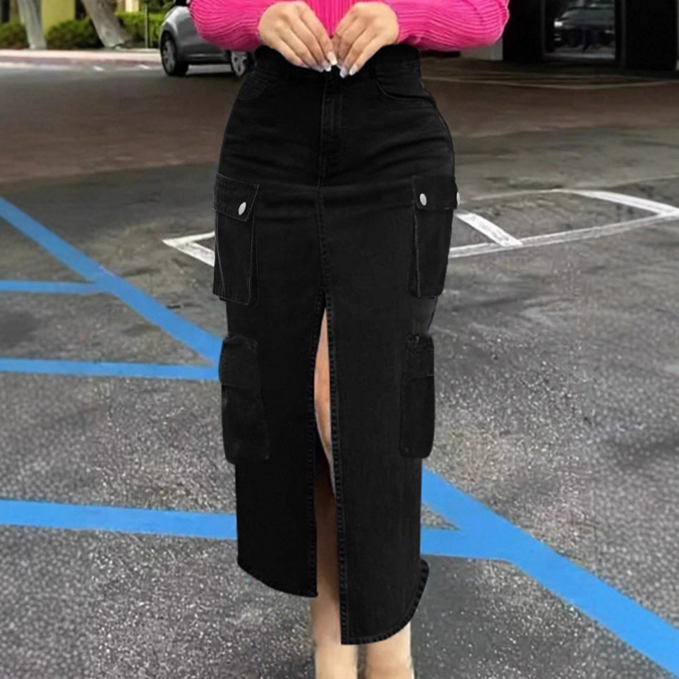 Women high waist cargo denim midi skirt with front slit and flap pockets Fashion Glam
