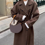 Women's Maxi Wool Blend Coat in Military Style with Wide Lapels and Dropped Shoulders Fashion Glam