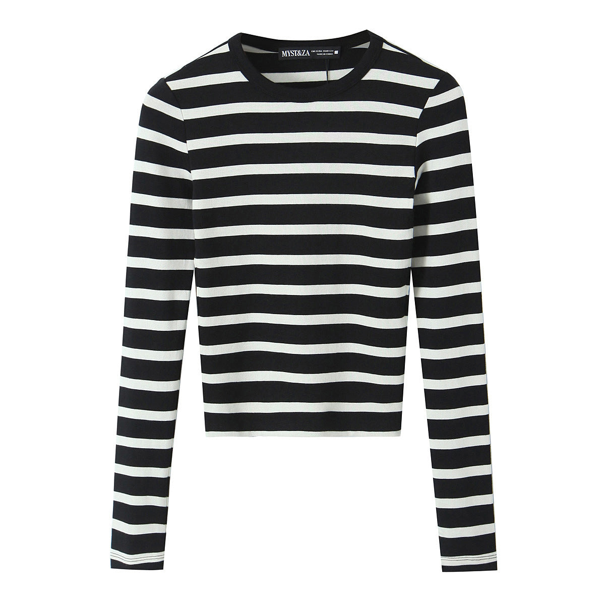 Women Striped Cropped Long Sleeve Shirt with Round Neckline Fashion Glam