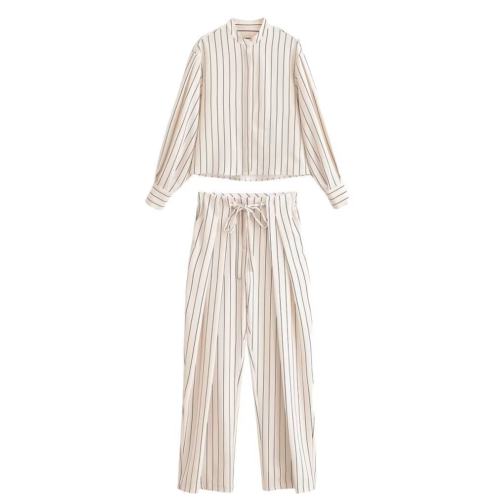 Women's High-waisted Wide Pleated Pants with Drawstring and Vertical Stripes Fashion Glam