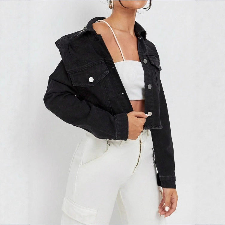 Women's Cropped Denim Jacket with Studded Collar, Frayed Hem and Flap Pockets Fashion Glam