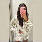 Women’s lightweight polka dot set with oversized shirt jacket and drawstring shorts Fashion Glam