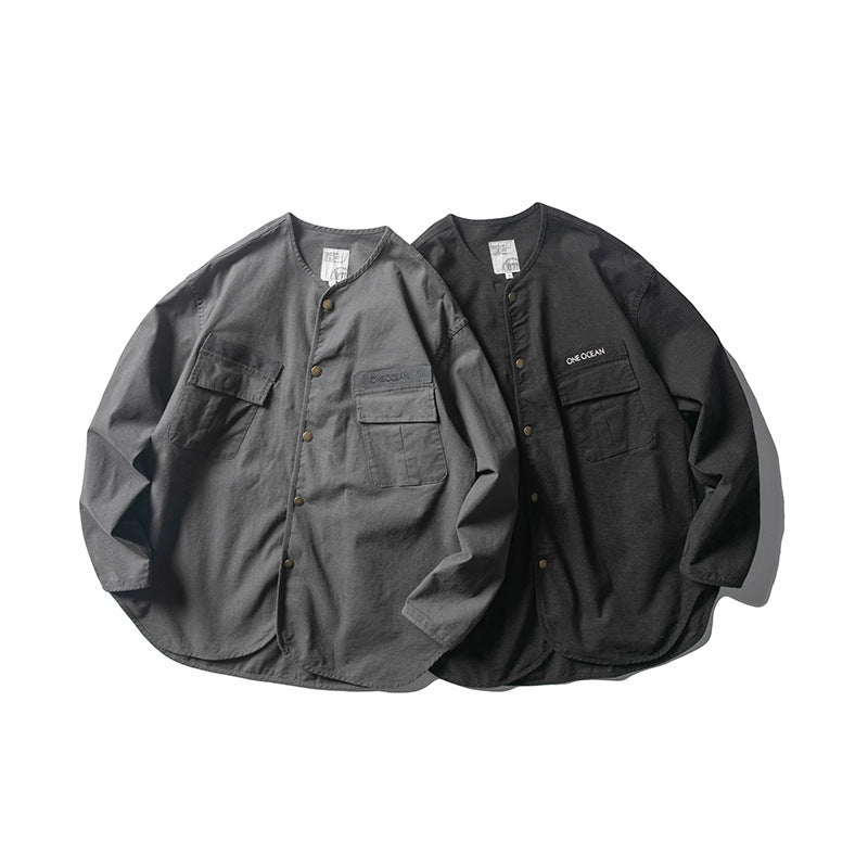 Unisex Collarless Overshirt Jacket with Snap Button Placket and Patch Chest Pockets Fashion Glam