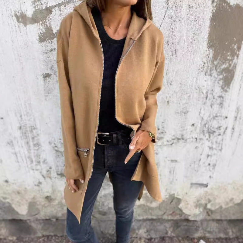 Women’s Hooded Long Cardigan with Full Zip and Decorative Pockets Fashion Glam