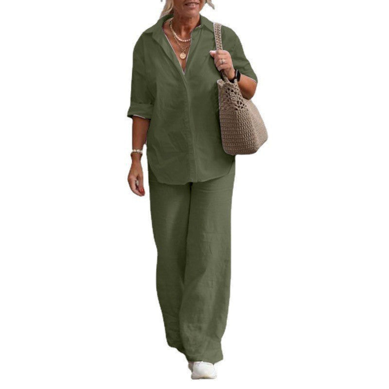 Women's Lightweight Linen Look Two-Piece with Oversized Shirt and Wide Palazzo Pants Fashion Glam