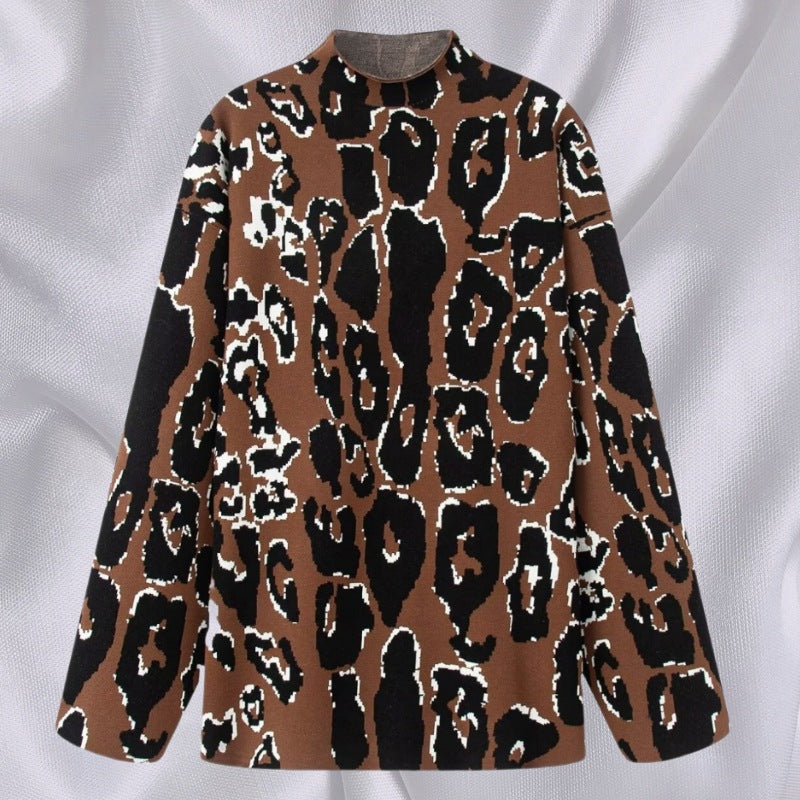 Ladies Oversized Knit Sweater with Stand-Up Collar and Jacquard Leopard Pattern Fashion Glam