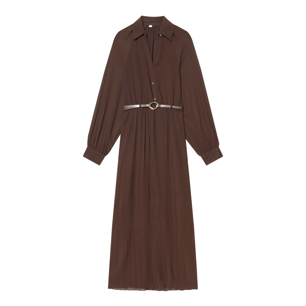Women Pleated Shirt Dress with Balloon Sleeves, Concealed Button Placket, and Waist Belt Fashion Glam