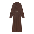 Women Pleated Shirt Dress with Balloon Sleeves, Concealed Button Placket, and Waist Belt Fashion Glam