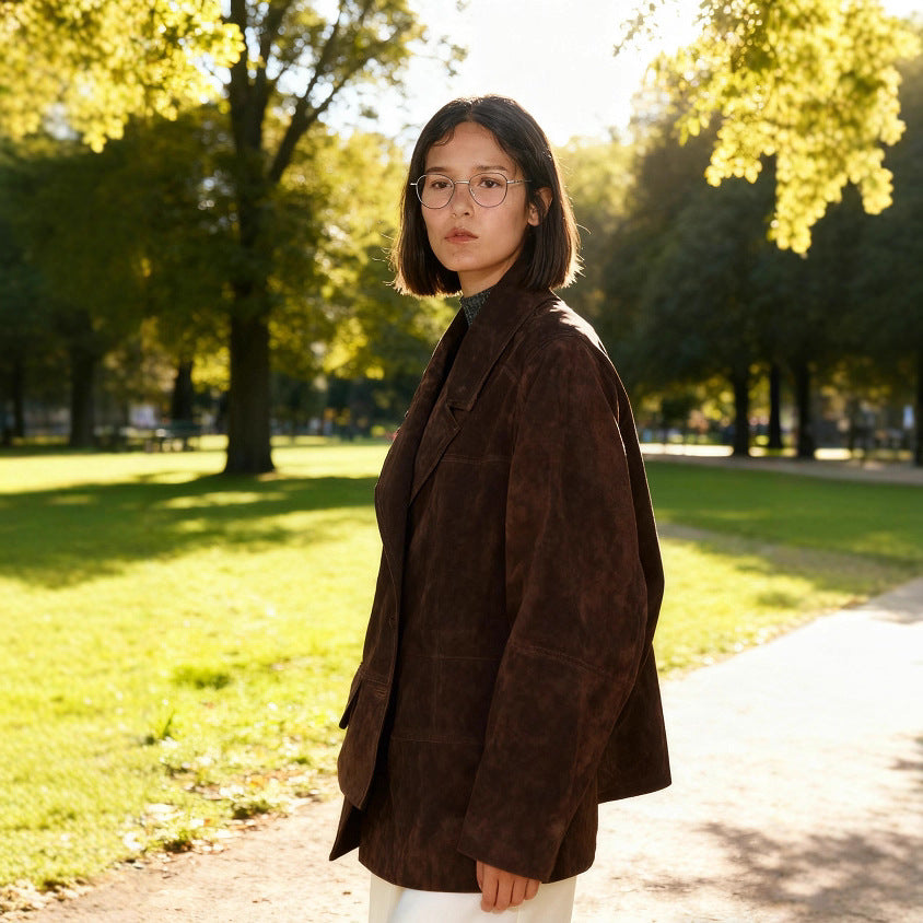 Women's Oversized Suede Look Blazer Jacket with Lapel Collar and Flap Pockets Fashion Glam