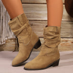 Ladies Velvet Leather Slouch Cowboy Boots with Low Block Heel Fashion Glam