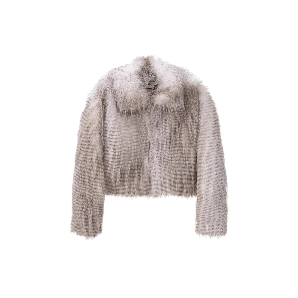 Women short-cut faux fur jacket with striped high-pile texture and notched collar Fashion Glam