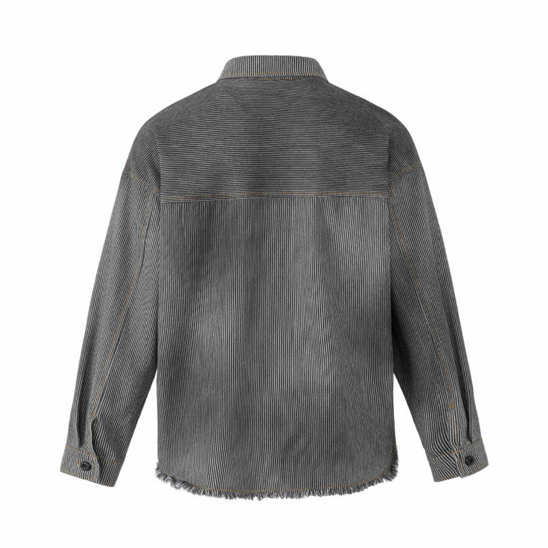 Unisex Boxy Overshirt Jacket made of Fine Cord with Used Effect, Fringes and Button Placket Fashion Glam
