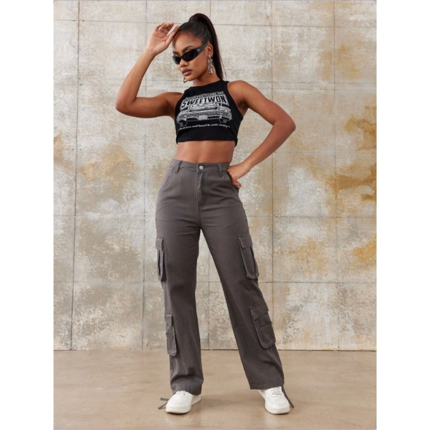 Women High-Waisted Utility Cargo Pants with Straight Leg, Multiple Flap Pockets & Adjustable Hem Fashion Glam