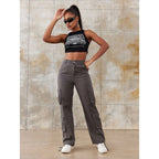 Women High-Waisted Utility Cargo Pants with Straight Leg, Multiple Flap Pockets & Adjustable Hem Fashion Glam