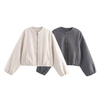 Women Short Wool Look Cropped Jacket with Zipper, Round Neck and Balloon Sleeves Fashion Glam