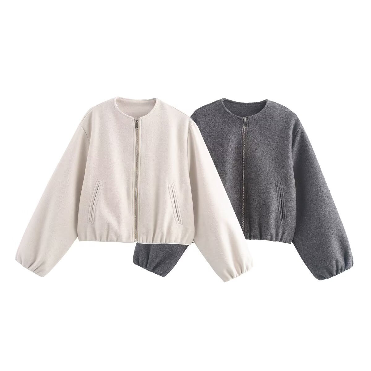 Women Short Wool Look Cropped Jacket with Zipper, Round Neck and Balloon Sleeves Fashion Glam