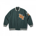Unisex College Bomber Jacket with quilted patch, striped ribbed hems and snap button placket Fashion Glam