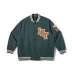 Unisex College Bomber Jacket with quilted patch, striped ribbed hems and snap button placket Fashion Glam