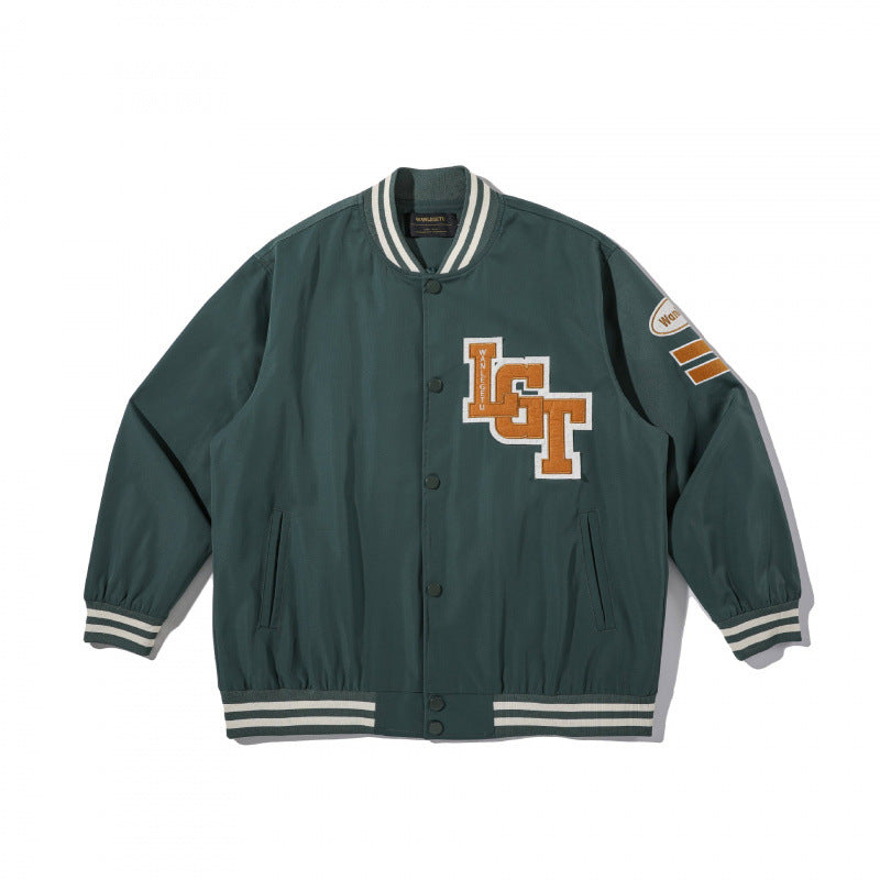Unisex College Bomber Jacket with quilted patch, striped ribbed hems and snap button placket Fashion Glam