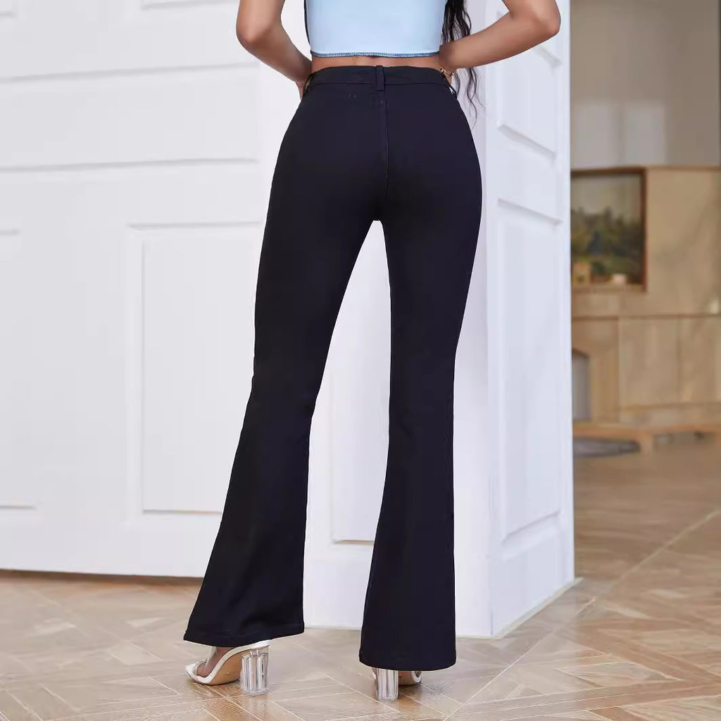 Women High-Waist Flared Trousers made of Stretch Denim with Pocket Flaps and Front Slit Fashion Glam