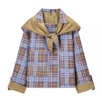 Women's short jacket in trench-cape mix with checked shawl collar bow Fashion Glam
