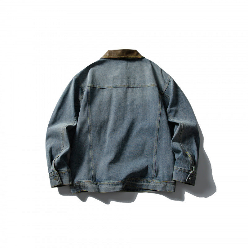 Unisex Boxy Denim Jacket with Leather Collar, Snap Button Placket and Flap Pockets Fashion Glam