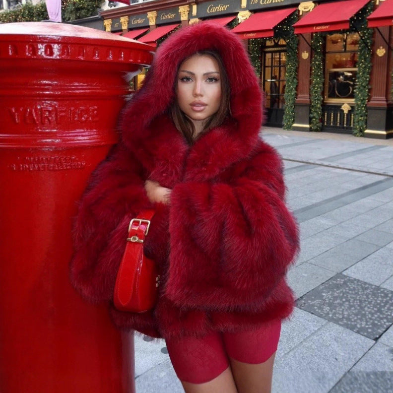 Women's Hooded Faux Fur Jacket with Voluminous Shaggy Silhouette Fashion Glam