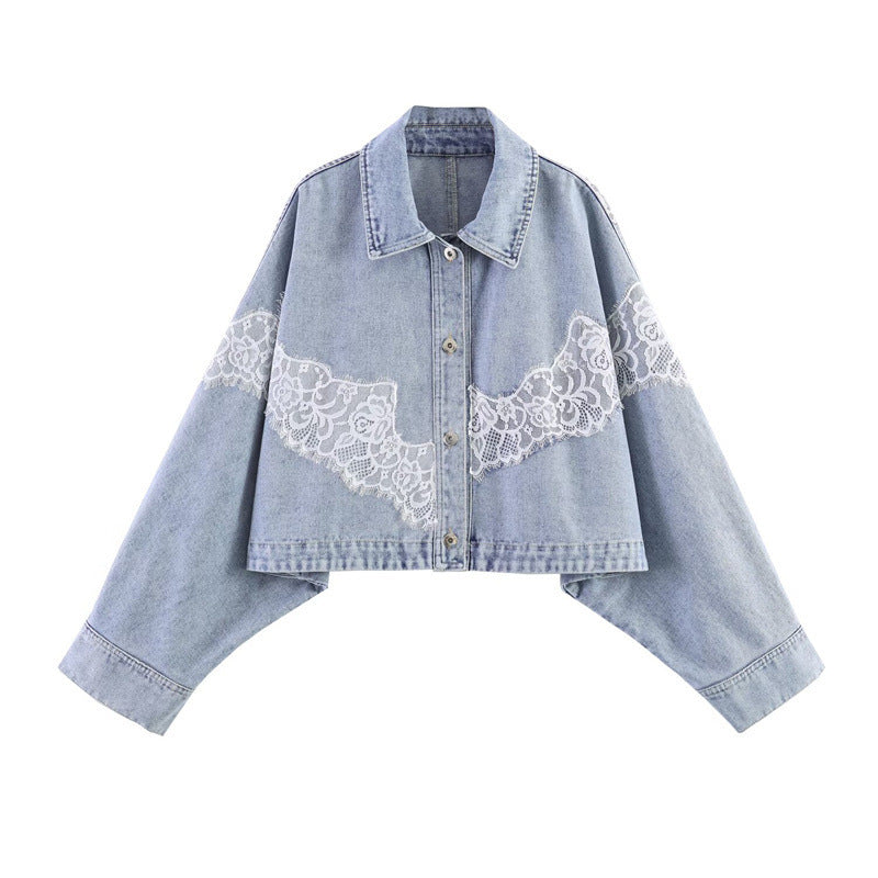 Women cropped denim jacket with lace trim and dropped shoulder Fashion Glam