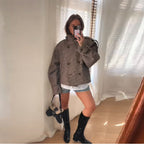 Women's Short Cut Wool Blend Check Coat with Large Shawl Collar Fashion Glam