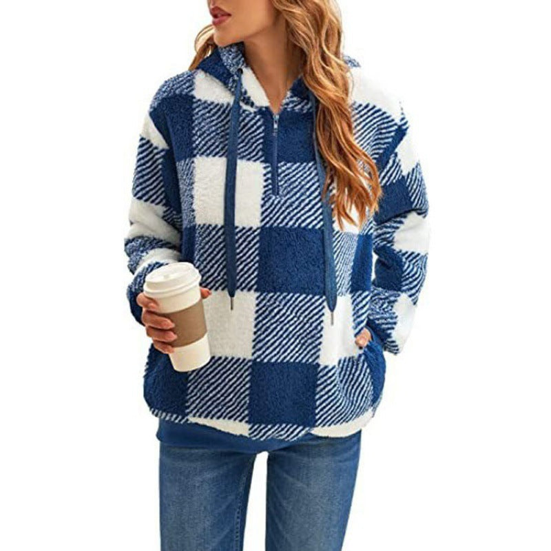 Women's Oversized Sherpa Hoodie in Check Pattern with Half Zipper and Kangaroo Pocket Fashion Glam