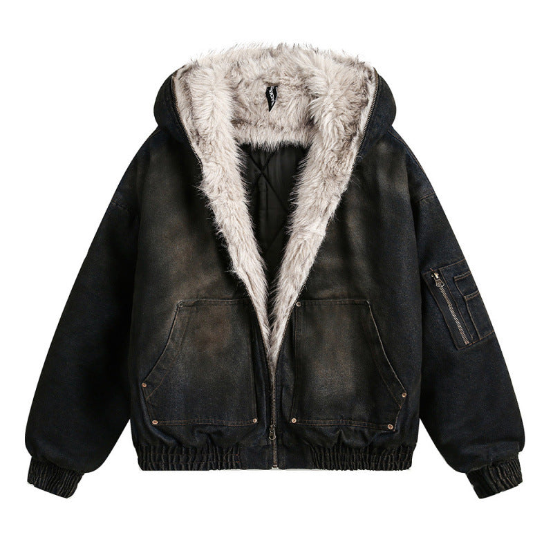Men's Padded Bomber Jacket with Teddy Lining, Hood and Used Finish Fashion Glam