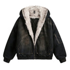 Men's Padded Bomber Jacket with Teddy Lining, Hood and Used Finish Fashion Glam