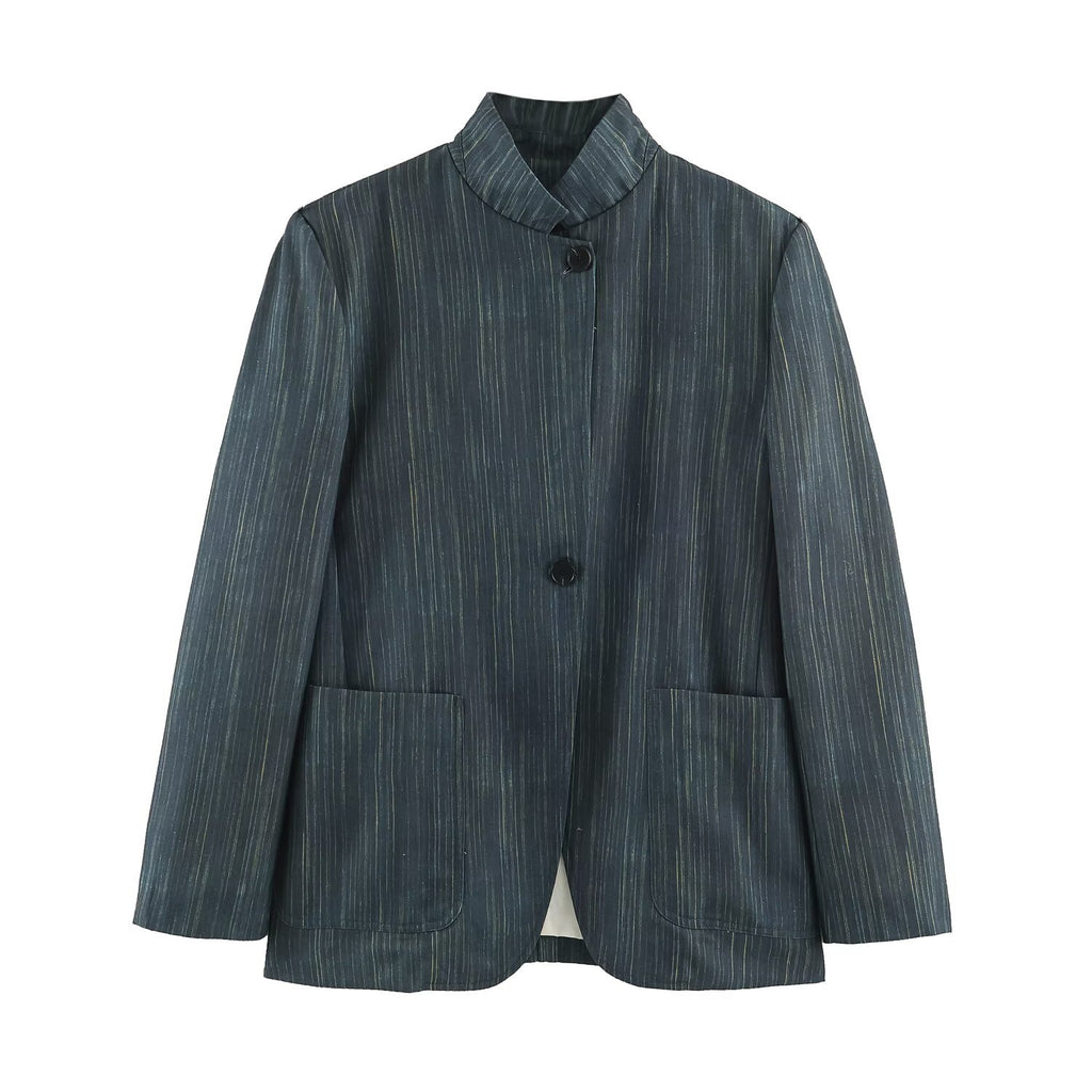 Women's Long Cut Blazer with Stand-up Collar and Patch Pockets Fashion Glam