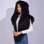 Women’s hooded scarf vest made of long-haired artificial fur Fashion Glam
