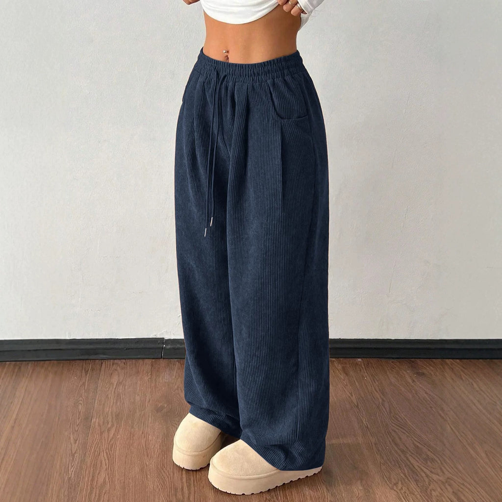 Ladies cord pants with wide leg, elastic waistband and drawstring Fashion Glam