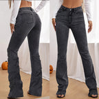 Ladies High-Waisted Denim Pants in Sculpting Straight with Knee Slits Fashion Glam