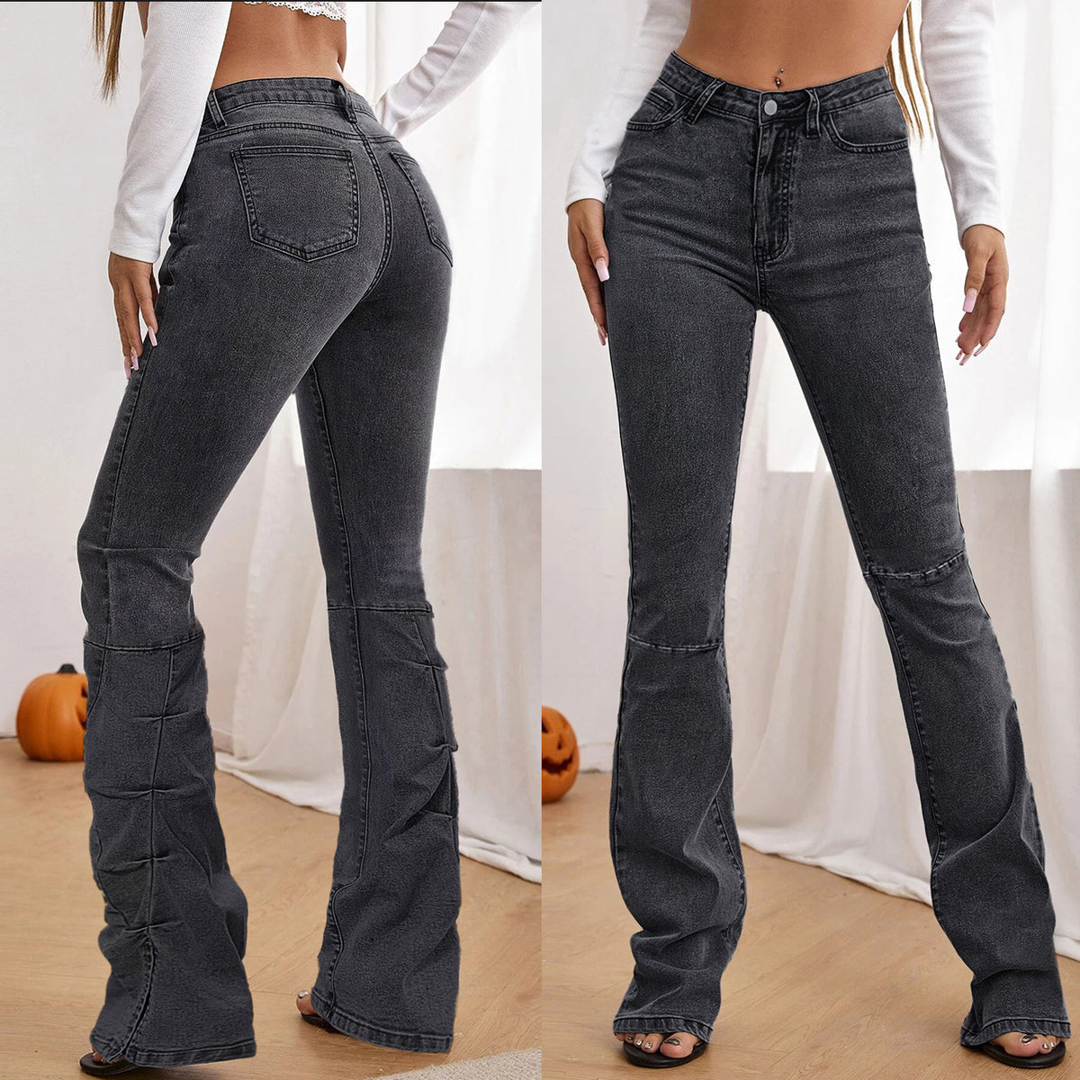 Ladies High-Waisted Denim Pants in Sculpting Straight with Knee Slits Fashion Glam
