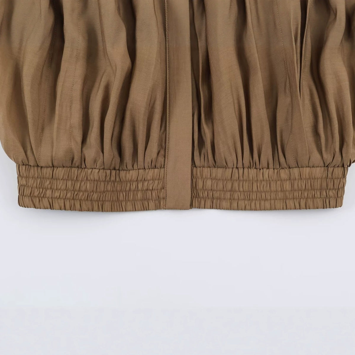 Women's Light Pleated Blouson Jacket with Stand-up Collar and Smocked Waist Fashion Glam