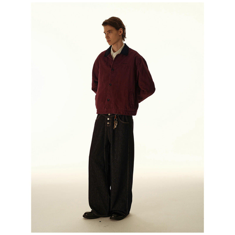 Men's Boxy Canvas Jacket with Cord Collar and Concealed Button Placket Fashion Glam