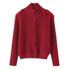 Women's Ribbed Knitted Cardigan with Stand-up Collar and Shoulder Button Detail Fashion Glam