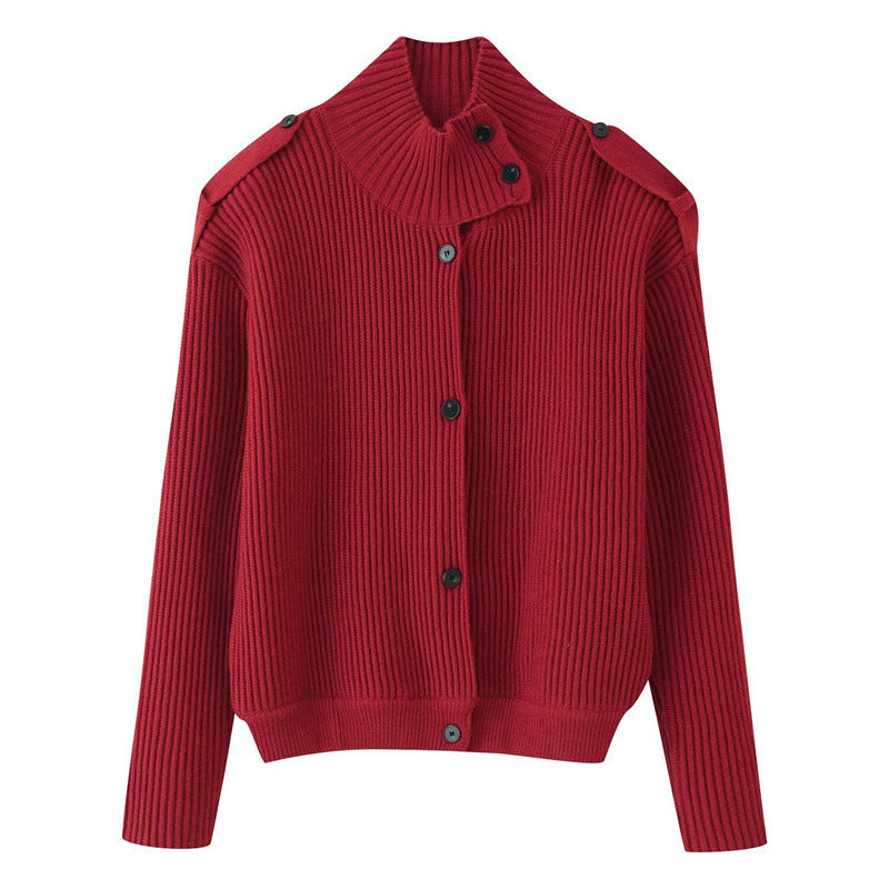 Women's Ribbed Knitted Cardigan with Stand-up Collar and Shoulder Button Detail Fashion Glam