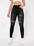 Women high-waisted Sculpting Skinny Jeans with targeted rips and shaping comfort waistband Fashion Glam