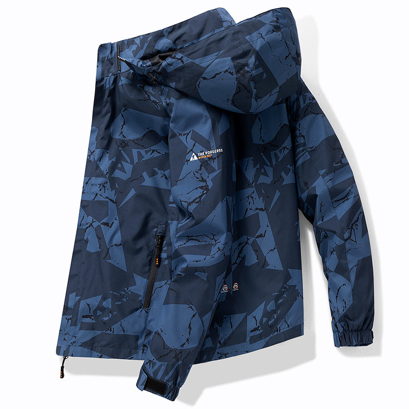 Men's technical waterproof hooded jacket with graphic camouflage print, zippered pockets, and adjustable hem Fashion Glam