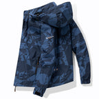 Men's technical waterproof hooded jacket with graphic camouflage print, zippered pockets, and adjustable hem Fashion Glam