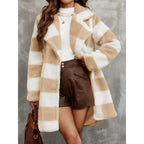 Women Checked Teddy Coat with Lapel Collar and Snuggle Fleece Fashion Glam
