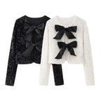 Women Sequin Cropped Jacket with Open Front Panels and Large Satin Ribbons Fashion Glam